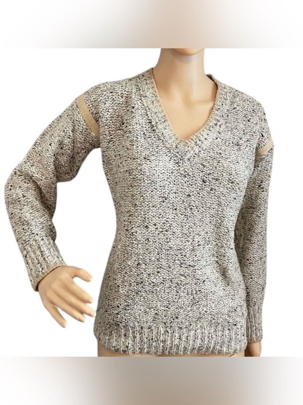 Vintage Huk-a-poo V-neck Long Sleeve Sweater Beige Gray Heathered Size Medium